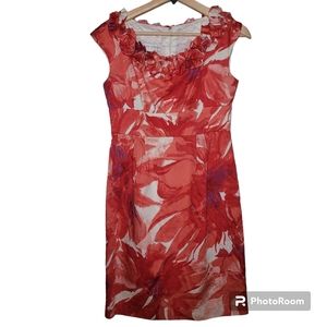 Maggy London Cotton Sheath Water Color Floral Ruffle Trim Dress 4 Petite